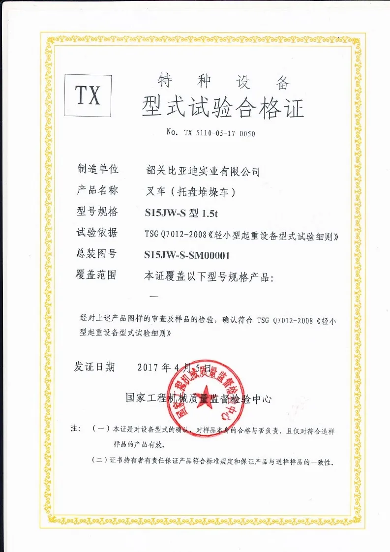 Certificado de teste do tipo S15JW-S
