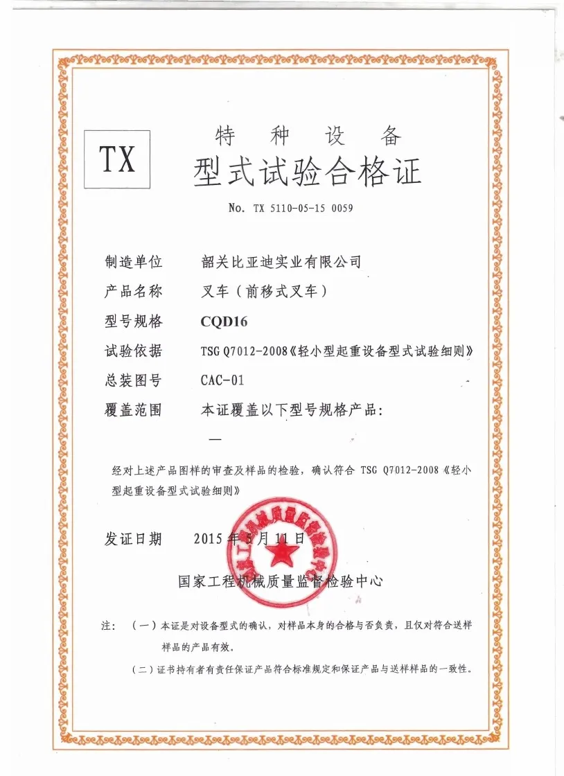 Certificado de ensaio do tipo CQD16