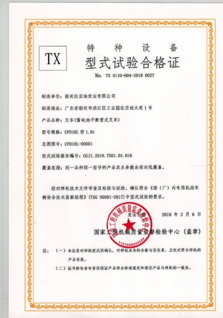 Certificado de teste do tipo CPD18L 1.8t