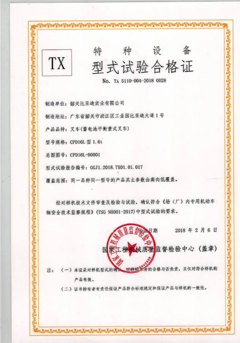 Certificado de teste do tipo CPD16L 1.6t